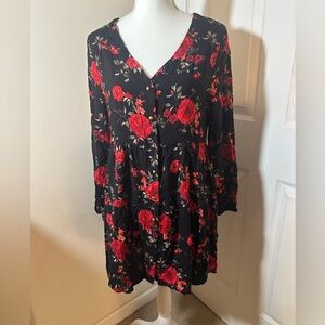 J for Justify black floral, flowy V-Neck button front midi long sleeve dress.